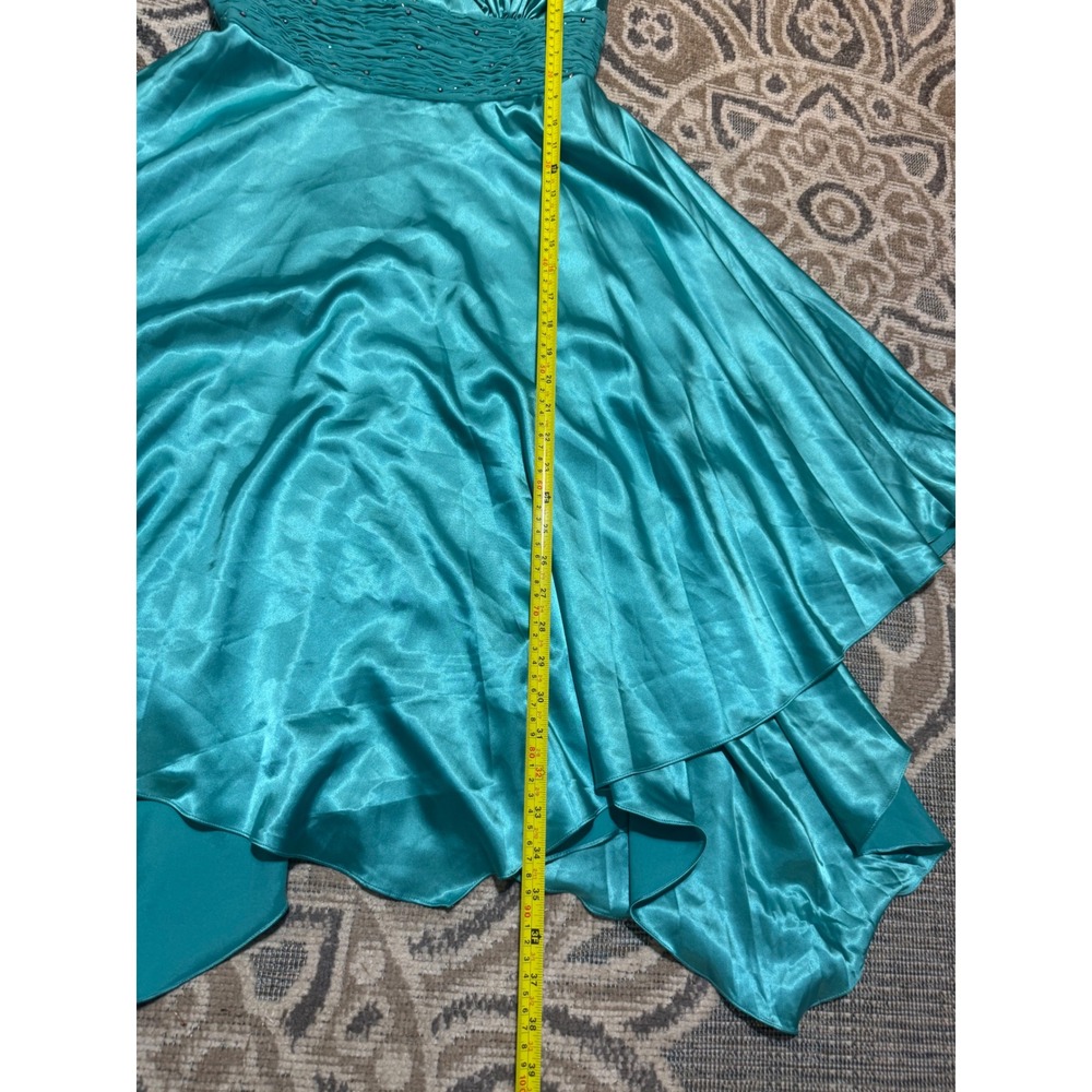 Lenovia USA Turquoise Satin Halter Handkerchief Hem Rhinestone Formal Dress M - Picture 3 of 6